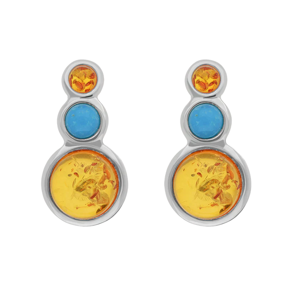 Sterling Silver Three Stone Round Graduated Amber Turquoise Stud Earrings