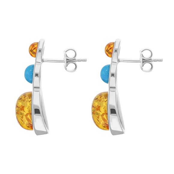 Sterling Silver Three Stone Round Graduated Amber Turquoise Stud Earrings