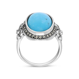 Sterling Silver Turquoise Marcasite Oval Fleur De Lis Ring