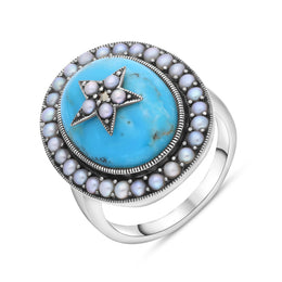 Sterling Silver Turquoise Pearl Framed Large Oval Ring, 204R0080