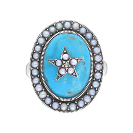 Sterling Silver Turquoise Pearl Framed Large Oval Ring