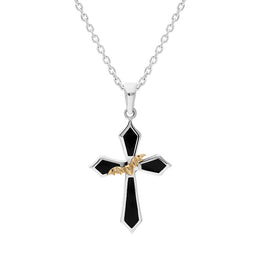 Sterling Silver Whitby Jet 9ct Yellow Gold Bat Cross Necklace P3676