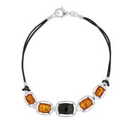Sterling Silver Whitby Jet Amber Five Stone Graduated Leather Cord Bracelet, B1239.