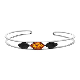 Sterling Silver Whitby Jet Amber Three Stone Marquise Cuff Bangle, B1187_2.