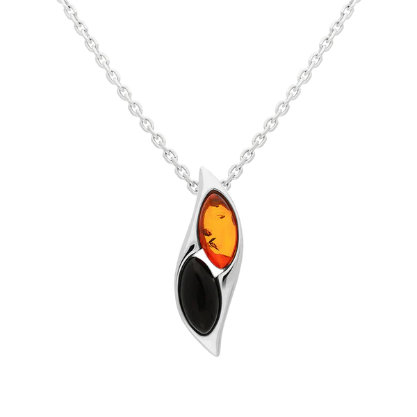 Sterling Silver Whitby Jet Amber Two Stone Wave Necklace, P2174.