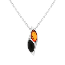Sterling Silver Whitby Jet Amber Two Stone Wave Necklace, P2174.