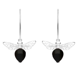 Sterling Silver Whitby Jet Bee Small Hook Earrings, E2438.