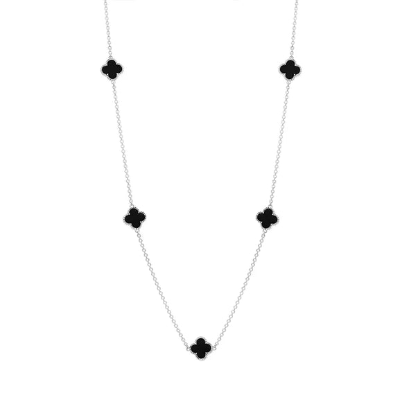 Sterling Silver Whitby Jet Bloom Four Leaf Clover Ball Edge Necklace, N1154