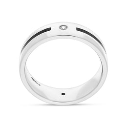 Sterling Silver Whitby Jet Diamond 6mm Patterned Wedding Band Ring D