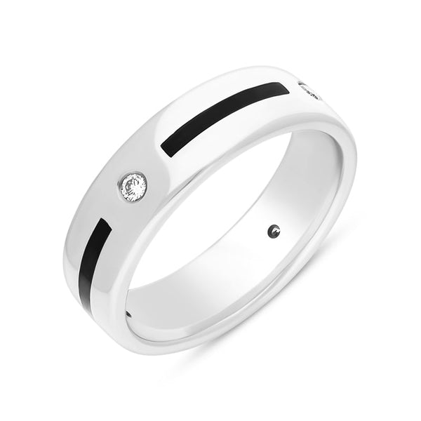 Sterling Silver Whitby Jet Diamond 6mm Patterned Wedding Band Ring, RUNQ0001936.