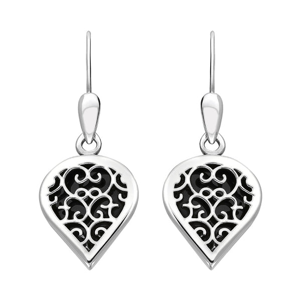 Sterling Silver Whitby Jet Flore Filigree Heart Drop Earrings. E2588.