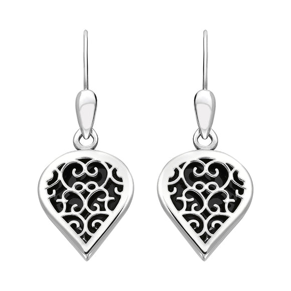 Sterling Silver Whitby Jet Flore Filigree Heart Drop Earrings. E2588.