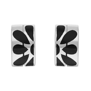 Sterling Silver Whitby Jet Flower Inlaid Wavy Open Hoop Stud Earrings E898