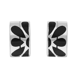 Sterling Silver Whitby Jet Flower Inlaid Wavy Open Hoop Stud Earrings E898