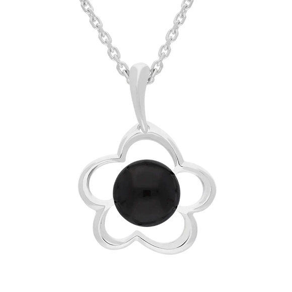 Sterling Silver Whitby Jet Flower Necklace