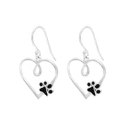 Sterling Silver Whitby Jet Heart Paw Print Earrings