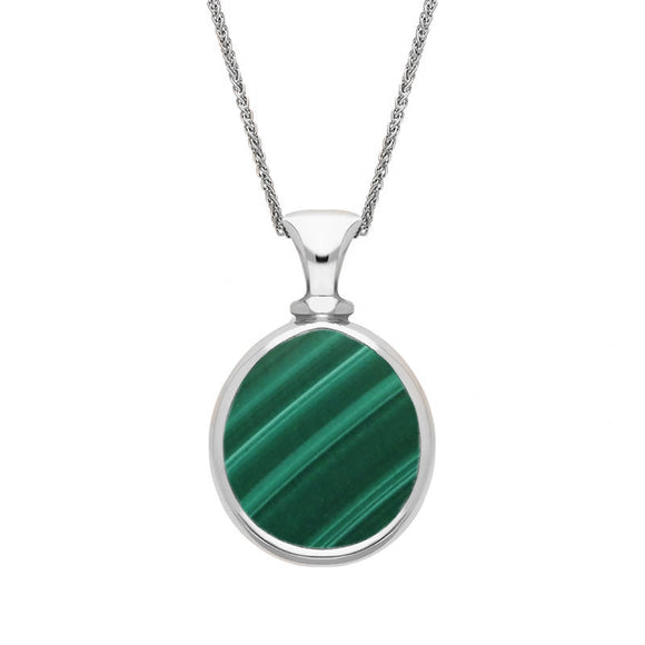Sterling Silver Whitby Jet Malachite Small Double Sided Pear Fob Necklace, P220.