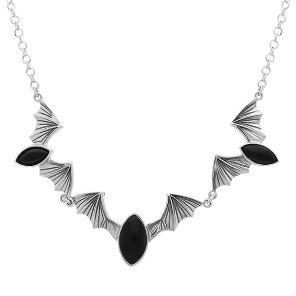 Sterling Silver Whitby Jet Marquise Stone Bat Necklace N1150
