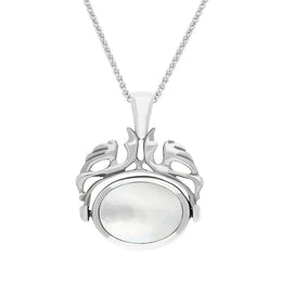 Sterling Silver Whitby Jet Mother Of Pearl Double Sided Oval Swivel Fob Necklace, P104_4.