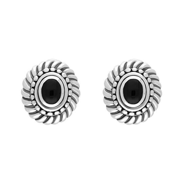 Sterling Silver Whitby Jet Oval Rope Edge Omega Clip Earrings D GAL00127