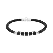 Sterling Silver Whitby Jet Plaited Leather Bar Bracelet B1275