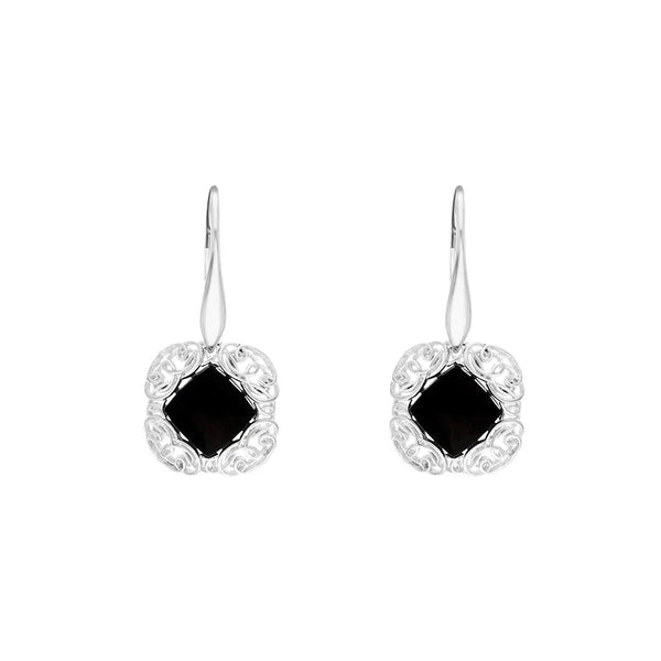 Sterling Silver Whitby Jet Rhombus Cushion Drop Earrings, E1901