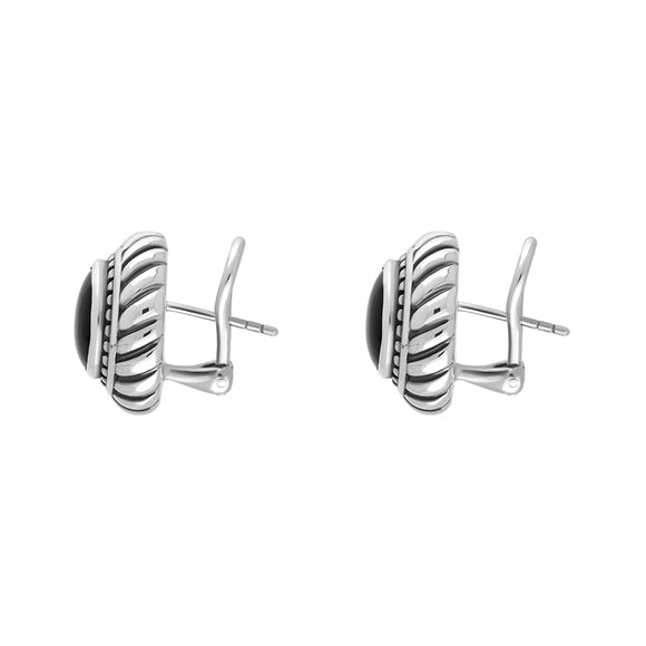 Sterling Silver Whitby Jet Round Rope Edge Omega Clip Earrings D