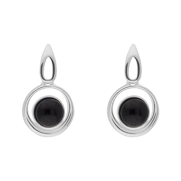 Sterling Silver Whitby Jet Round Swirl Drop Earrings E2564
