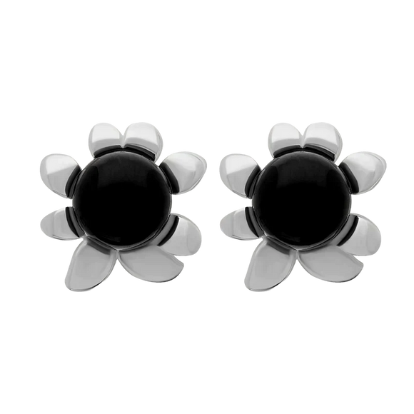 Sterling Silver Whitby Jet Small Round Petal Edge Stud Earrings E2571