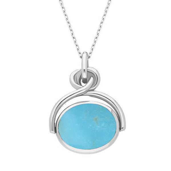 Sterling Silver Whitby Jet Turquoise Oval Swivel Fob Necklace, P096.