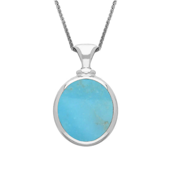 Sterling Silver Whitby Jet Turquoise Small Double Sided Oval Fob Necklace, P219.