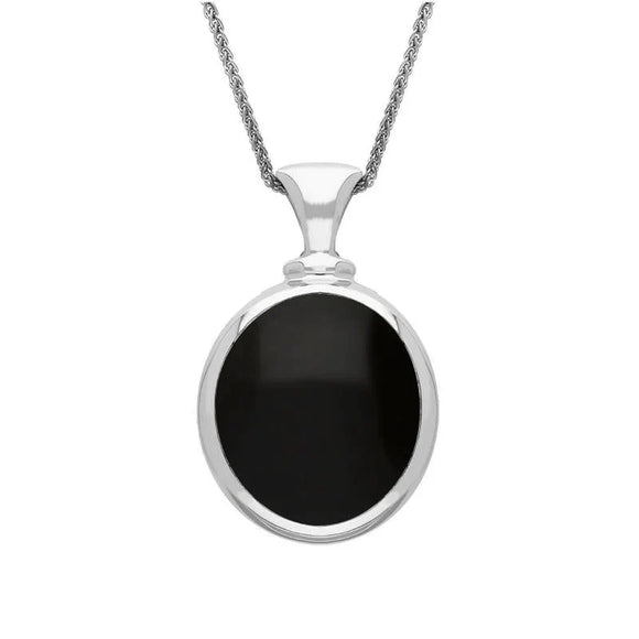 Sterling Silver Whitby Jet Turquoise Small Double Sided Oval Fob Necklace, P219.