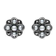 00082725 C W Sellors Sterling Silver Pearl and Marcasite Four Petal Flower Stud Earrings, E1690.