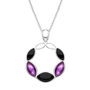 Sterling Silver Whitby Jet Amethyst Five Stone Leaf Circle Necklace P3485