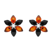 Sterling Silver Whitby Jet Amber Flower Stud Earrings E2506