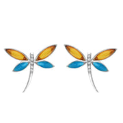 Sterling Silver Amber Turquoise Cubic Zirconia Dragonfly Drop Earrings E2419