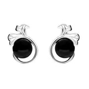 Sterling Silver Whitby Jet Round Leaf Detail Stud Earrings E2509