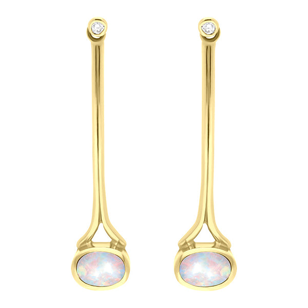 18ct Yellow Gold Opal 0.06ct Diamond Long Drop Earrings, E641.