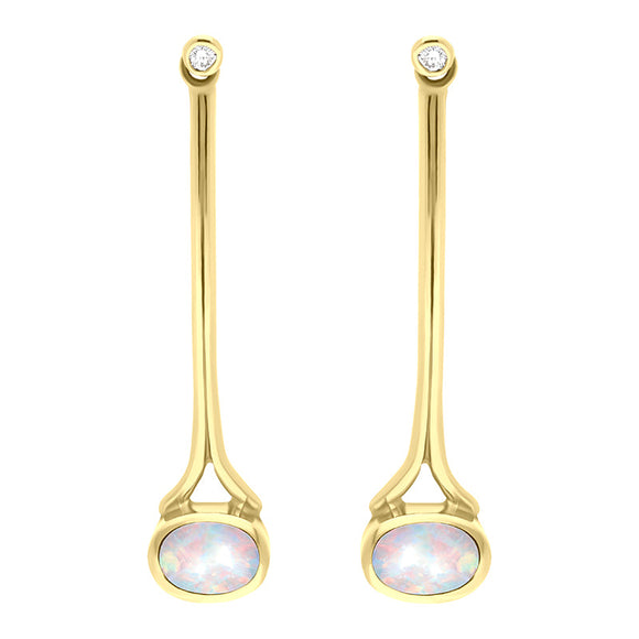 18ct Yellow Gold Opal 0.06ct Diamond Long Drop Earrings, E641.