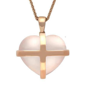 9ct Rose Gold Rose Quartz Large Cross Heart Necklace, P1542.