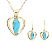9ct Yellow Gold Turquoise Centre Stone Heart Two Piece Set, S024.