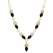 9ct Yellow Gold Whitby Jet Seven Stone Marquise Necklace. N159.