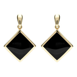 9ct Yellow Gold Whitby Jet Rhombus Drop Earrings, E078.