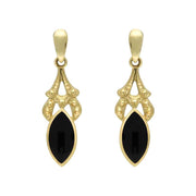 9ct Yellow Gold Whitby Jet Marquise Drop Earrings. E075.
