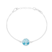 Sterling Silver Turquoise Round Tree of Life Chain Bracelet