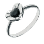 Sterling Silver Whitby Jet Heritage Heart Stone Ridged Edge Ring. R874.