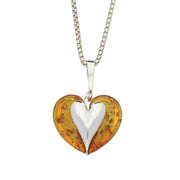 Silver Amber Heart Carved Necklace P2474