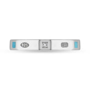 Silver Diamond Turquoise King's Coronation Hallmark Princess Cut 3mm Ring R1199_3 CFH