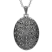 Sterling Silver Turquoise Marcasite Star Back Oval Pendant Necklace. P2152.