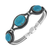 Sterling Silver Turquoise Foxtail Three Stone Oval Bracelet B978